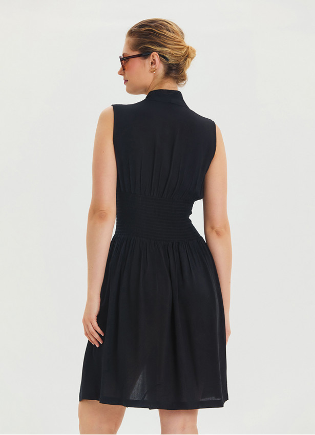 Black Summer Dress with Stand Collar and Zipper Detail 4442